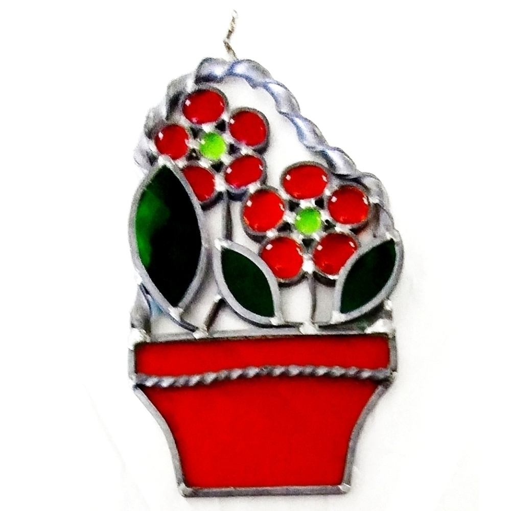 Vintage Stained Glass Flower Pot Suncatcher Hanging Window Panel